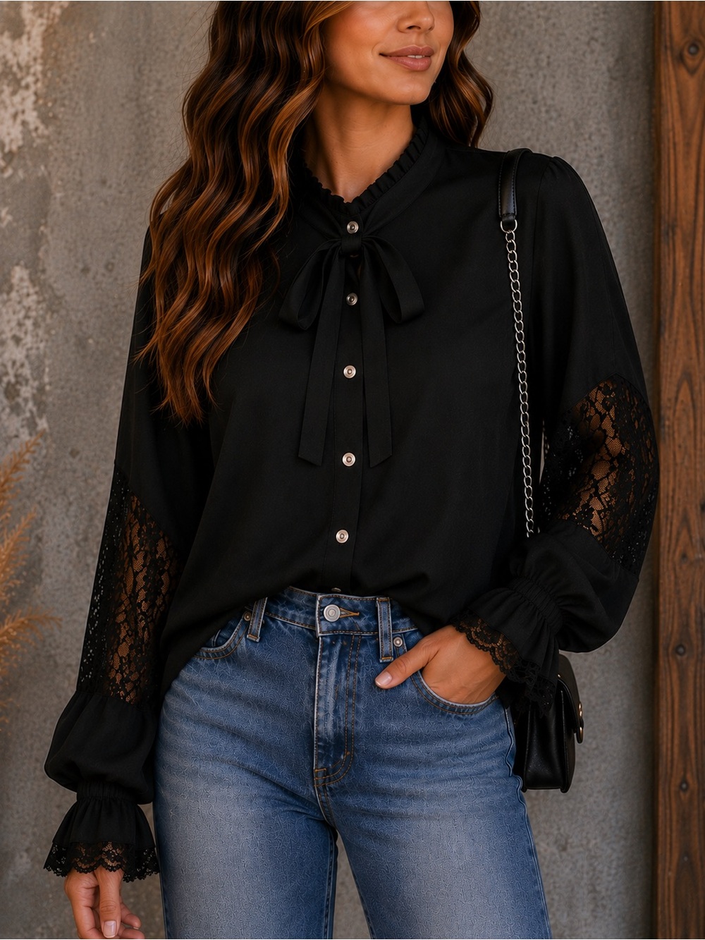 Dorothy Perkins Black Lace Sleeve Tie-Neck Blouse